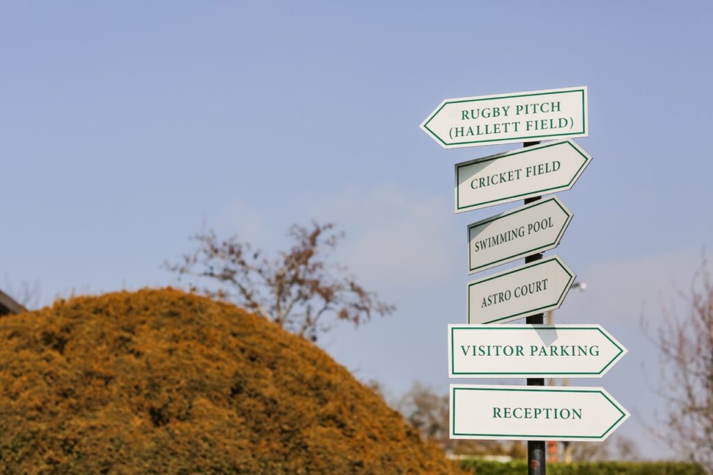 Signs at St Peter’s Prep school pointing towards various sports pitches