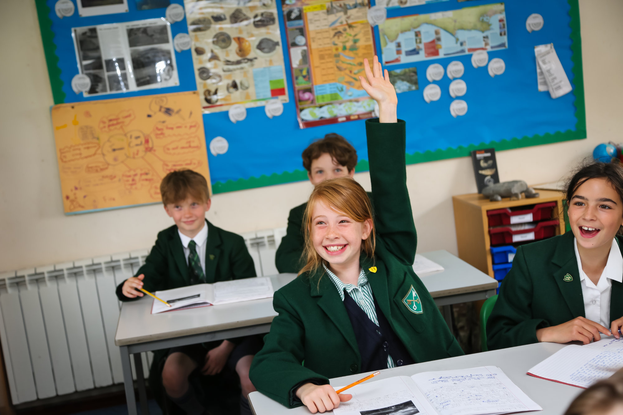 A student holding up her hand in a classroom