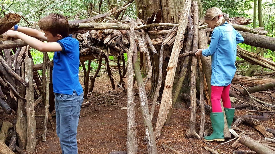 girl and boy building a den out of sticks