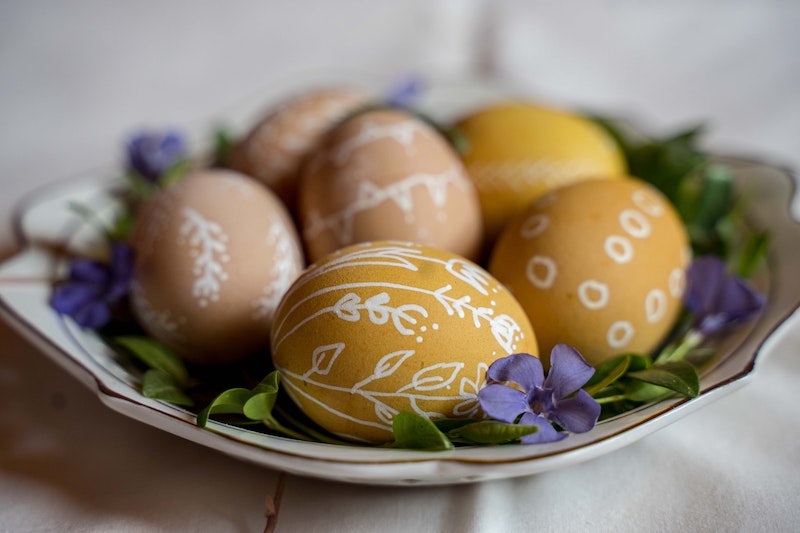 A selection of painted Easter eggs on display